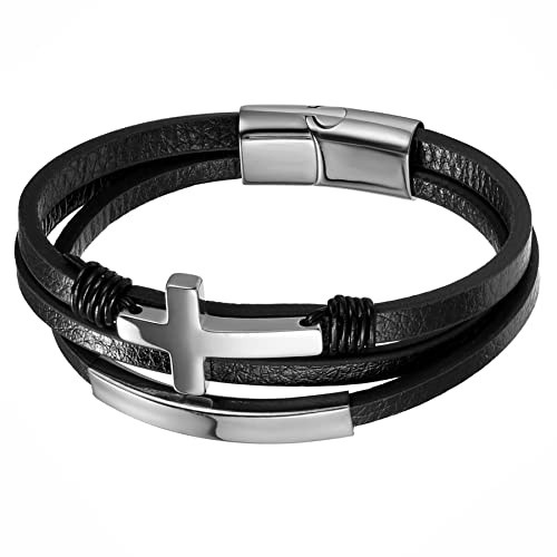 JewelryWe Schmuck Herren Lederarmband, Retro Ägyptische Ankh Kreuz Edelstahl Leder Armband Armreif Manschette, Schwarz Gold Silber