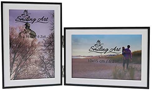 Smiling Art | Doppel Bilderrahmen | 10x15 cm aus MDF Holz mit Glasscheibe | klappbarer Fotorahmen für 2 Fotos | zum Aufstellen oder Aufhängen | Querformat und Hochformat (Schwarz & Weiß, 2x10x15 cm)
