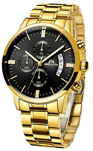 MEGALITH Herrenuhr 45mm Chronograph Quarz Uhr mit Edelstahl Armband, Gold Uhren Herren Wasserdicht Luxus Herren Armbanduhr Datum Leuchtend, Business Geschenk für Männer