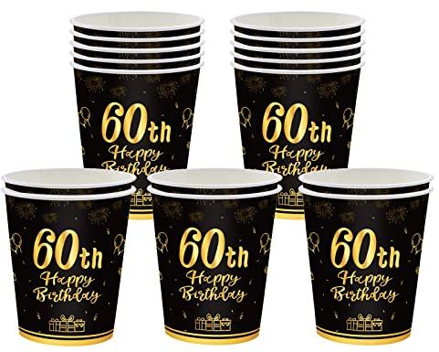 16 Stücke Pappbecher 60. Geburtstag,Einwegbecher Geburtstag,Schwarz und Gold Papierbecher 235ml,Papptrinkbecher für Party Geburtstag,Happy 60th Birthday Trinkbecher Papier Set für 60. Geburtstag Party