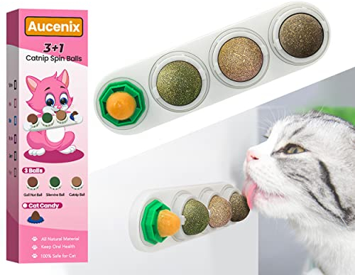 Aucenix Katzenminze Ball, 4 Stück Natürliche Katzenminze Bälle Spielzeug für Katzen Lecken, Drehbare Zahnreinigung Dental Katze Spielzeug, Katzenminze Spielzeug für Kätzchen (Weiß)