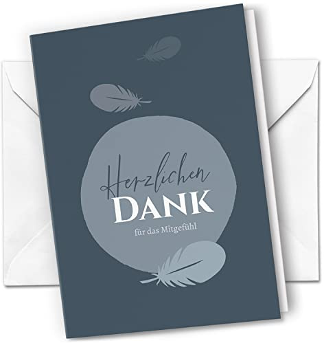 Danksagungskarten Trauer – 10 Klappkarten mit Umschlägen – Motiv: Federn blau grau – Trauerkarten Danksagung mit Text – Dankeskarten Trauer nach Beerdigung