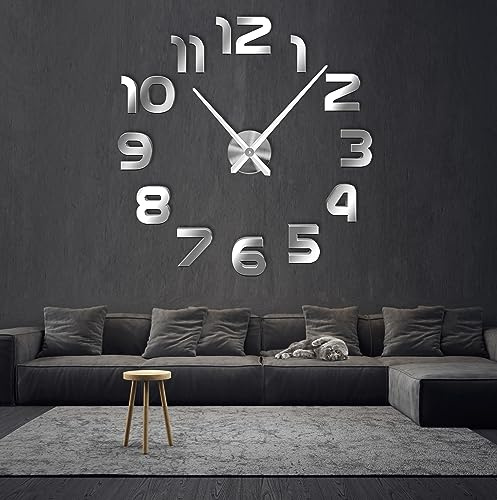 R&M ORIENT® 3D Wanduhr große Moderne Mute DIY – Luxus Dekoration Geschenk – Wandtattoo – Uhren für Büro Wohnzimmer Schlafzimmer Dekoartikel Home Office Quarzuhr (E-Silber)