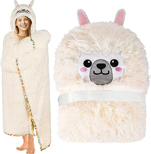 Lanqinglv Flauschig Kuscheldecke Plüsch Flanell Fleecedecke Warme Wohndecke, Tragbare Decke Mit Kapuze und Handschuhen, Sofadecke Weiß Alpaka Tiermuster, 155x135cm