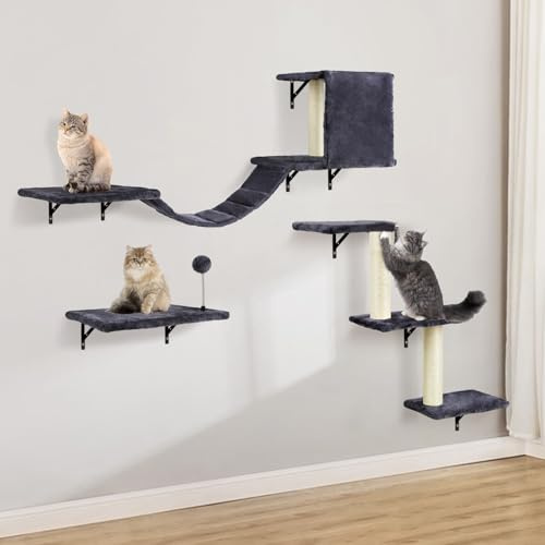 Juego de Pared de Escalada para Gatos Con Hamaca, Cueva, Puente, Tabla para Rascar y Árbol Rascador - 4 Piezas de Madera Catwalk (Gris Ahumado)