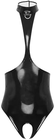 Freebily Damen Wetlook Body Brüste Offen Catsuit Lackleder Bodysuit Dessous Ouvert Stringbody Nachtwäsche Pole Dance Nachtclub Outfit Schwarz XL