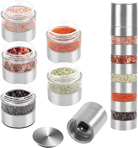 Viitech Mini Salt and Pepper Grinder Set, 5-in-1 Stainless Steel Salt and Pepper Mills, Portable Adjustable Coarseness Salts Pepper Grinder Set for Outdoor Picnic BBQ