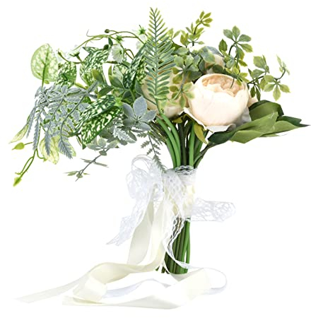 HERCHR Bouquet da Sposa, Bouquet da Sposa Bouquet da Sposa Romantico Bouquet Porta Bouquet da Sposa Fiori Artificiali per Spose E Damigelle d'Onore(Crema)