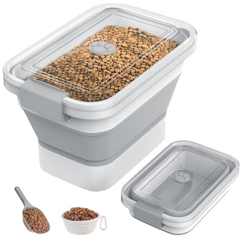 DDMOMMY 4,5–5,9 kg Hundefutter-Aufbewahrungsbehälter, faltbarer Hundefutterbehälter mit transparentem, luftdichtem Deckel, Tierfutterschaufel und Hundenapf, multifunktionaler Lebensmittelbehälter für
