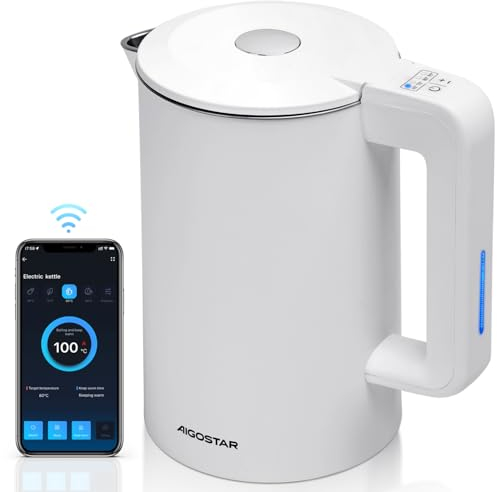 Aigostar - Inteligente Hervidor de Agua Temperatura Regulable de 40°C a 100°C, Conexión Wi-Fi, Alexa y Google Home. Doble Pared de Acero Inoxidable, 2200W, 1,7L, Mantener Caliente 24 hora, Blanco
