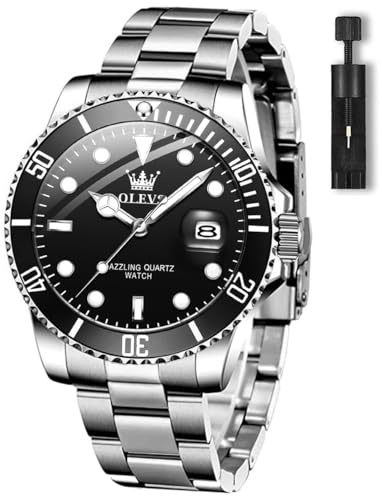 OLEVS Silber Herrenuhren Edelstahl Mode Analog Kleid Herren Uhren Schwarz Zifferblatt Modern Quarz Groß Herren Armbanduhr mit Datumsanzeige Leuchtend Wasserdicht Uhren für Männer Metallarmband