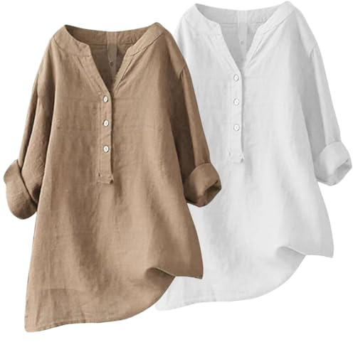 flintronic 2PCS Camisa Manga Corta Mujer Verano, 2024 Moda Algodón y Lino Color sólido Camisa, Largo Elegant Suelto Oficina Tops Casual, Blusa Cuello en V Botones Basica Camiseta, L