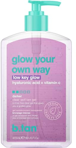 b.tan Dark Clear Self Tan Gel | Glow Your Own way, Low Key Glow - Transfer-Resistant Sunless Tanning Gel, Gradual Darker Bronze, Packed with Hyaluronic acid & Vitamin C, 16 Fl Oz
