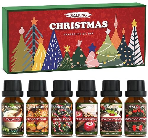 SALKING Weihnachten Ätherische Öle Set, 6x10mL 100% Bio Aromatherapie Duftöl GeschenkSet für Diffuser, Luftbefeuchter, Massage, Weihnachtskranz, Apfel Zimt, Lebkuchen, Zuckerstange, Pudding, Eierlikör
