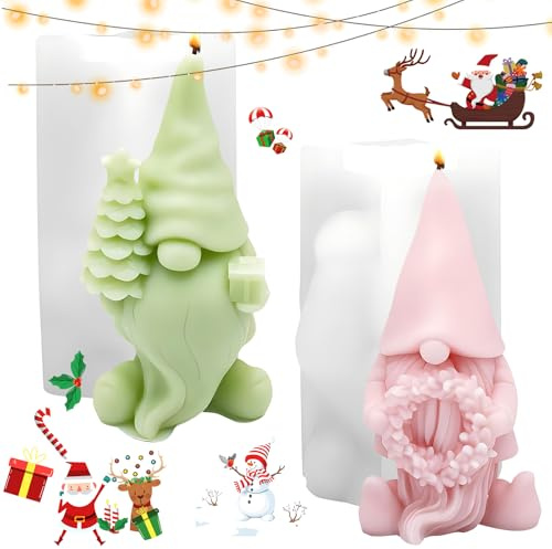 Mein HERZ 2 PCS Moule 3D Silicone Noel,Moule Bougie Silicone Noel Moules en Silicone pour Gnome de Noël,3D Moule en Silicone pour Bougie de Noël pour Bougies Parfumées, Savons, Bonbons,Chocolat
