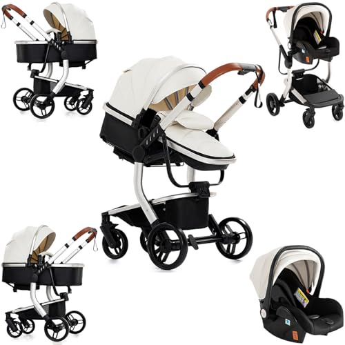 Sianldcone Cuero PU Carrito Bebe 3 en 1, Tejidos de Primera Calidad Carro Bebe 3 Piezas, Empuje Bidireccional Carros Para Bebes, Visión Abierta Silla Paseo Reversible (518 White)