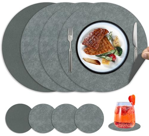 Tischsets Rund, Shyllin 4 StüCk Platzset Grau Rund mit Grauen Untersetzern, Wende-Tischset, Waschbar, Leicht Zu Entfernende Flecken, Platzset Leder, Geeignet fur Partys, Geburtstage, Weihnachten