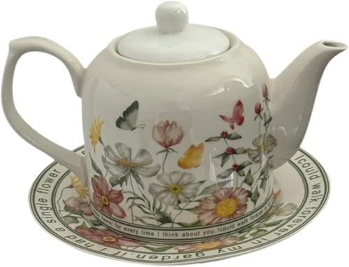 RRMMAN Teiera Floreale con Piattino, Bollitore per Acqua in Porcellana per Tè Pomeridiano, Brocca per Caffè e Latte