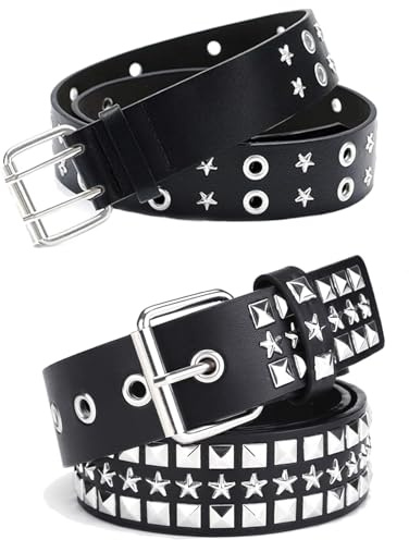 2 PCS Studded Pyramid Belt for Jeans - Gothic, Emo, Rockwear with Bright Rivets for Women/Men - Rock Punk Halloween Accessories