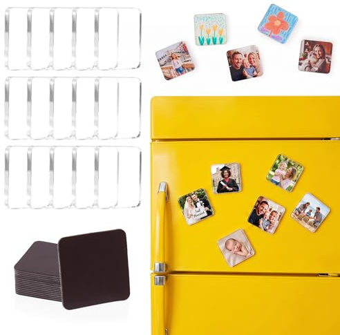 15 Pcs DIY Fridge Magnet Craft Set Acrylic Square Decorative Refrigerator Magnet with Adhesive Backing Ferrite Magnets for Office,Classroom,Cabinets,Kitchen(2 Inch,54 Piece)