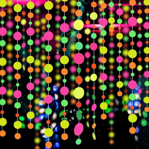 Ovanda Schwarzlicht Party Deko, Runde Papier Girlande, 600cm Neon Girlande | UV Schwarzlicht Papier Girlande, Leuchtend Party Zubehör, für Geburtstag Brautduschen rustikale Hochzeitsdekorationen