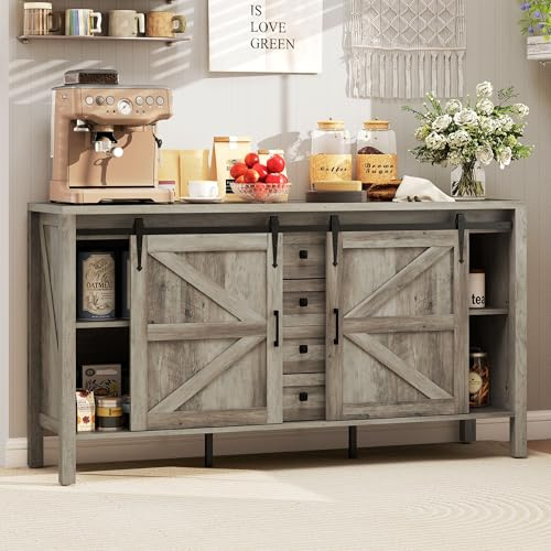 HOMCOM 59 Inch Farmhouse Sideboard Buffet Cabinet with Thick Top, Coffee Bar Cabinet with 2 Sliding Barn Doors, 4 Drawers and 2 Adjustable Shelves for Kitchen, Gray Wash