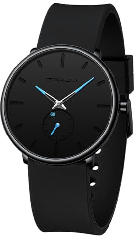 CRRJU Men’s Luxury Fashion Minimalist Waterproof Quartz Wristwatches, Casual Chic Unisex Black Watches for Men with Silicone Band