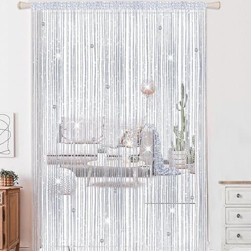 MOAZIFI Fadenvorhang Silber Perlen - Fliegenvorhang Terrassentür Insektenschutz Balkontür - Perlenvorhang 100 x 200 cm Raumteiler Türdekoration, Beaded Curtains for doorways