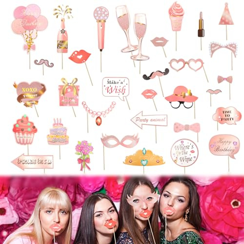 VOSSOT 33 PCS Photo Booth Puntelli per Cabina Fotografica Foto Props per Feste Mix di Cappelli Bicchiere da Vino Rossetto Cravatta Corone Addio al Nubilato Gadget per Compleanno Matrimoni Festa