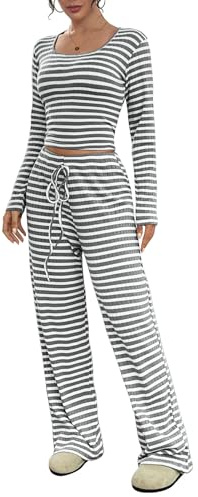 SotRong Women's 2 Piece Striped Lounge Set Long Sleeve Crop Top and Wide Leg Drawstring Pants Ribbed Knit Matching Tracksuit Casual Outfit Light Grey M