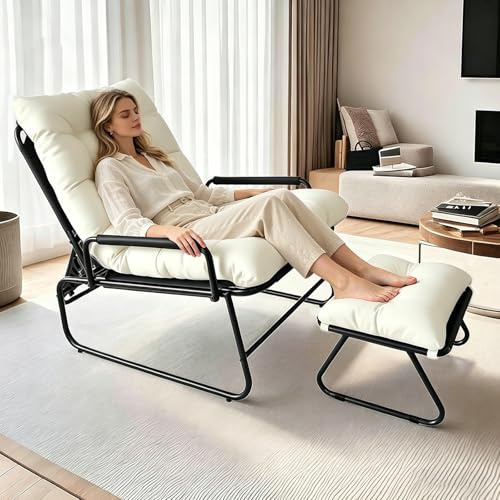 TerraVibe Poltrona da balcone, con schienale regolabile, poltrona lounge da giardino con sgabello, sedia relax per soggiorno, camera da letto, ufficio (bianco)