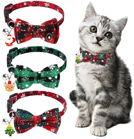 3 Stück Weihnachtshalsband für Katzen und Hunde,Weihnachten Schneeflocken Plaid Fliege Kragen, Weihnachtshalsband mit Glocke Sicherheit Schnellverschluss,Kostüm von Kätzen und Hündchen