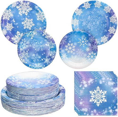 180PCS Winter Snowflake Party Supplies – Blue and Purple Snowflake Paper Plates and Napkins Set, Winter Wonderland Disposable Tableware for Frozen Christmas Holiday Birthday Party Supplies Decorations