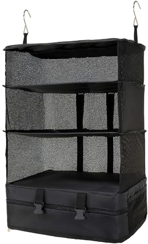 Hongmeru Hanging Suitcase Organiser with Metal Hooks, Instant Wardrobe for Suitcase, Foldable Travel Packing Shelves for Luggage Organisers, Portable Hanging Travel Shelves for Wardrobe, L, Black