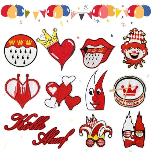 CHIHOLEN 12 Stück Kölner Karneval Rot Weiß Bügelflicken, Bügelbilder Karneval, Bestickte Reparaturflicken, Karneval Patches für Kleidung, Jeans, Hosen, Nähen, Hüte, Bastelzubehör