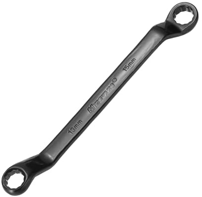 sourcing map 45 Grad gekröpfter Ringschlüssel, 13 mm x 15 mm, metrisch, 12-Punkt-Chrom-Vanadium-Stahl, Doppelsteckschlüssel, lang, Industriequalität, Torx-Steckschlüssel, Reparaturwerkzeug, Schwarz