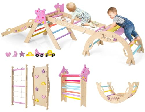 HOMASIS 4 in 1 Kletterdreieck mit Kletternetz, Kletterbogen, Wippe & Leiter, Klettergerüst mit doppelseitige Rampe & Baustein Set, Holz Sprossendreieck für Kinder ab 1 Jahr (Macaron, Einhorn)
