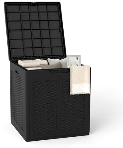 GOPLUS Gartenbox 145 L, Aufbewahrungsbox mit abschließbarem Deckel, Auflagenbox wasserfest mit Griffen, Deckbox Gartentruhe Kissenbox für Gartengeräte, Kissen & Poolzubehör (145 L,Schwarz)