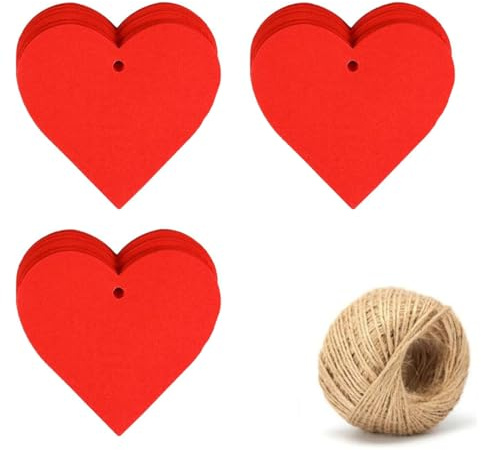 PLABBDPL 50 Stück Herz-Geschenkanhänger, Geschenkanhänger mit 10m Schnur, Frohe Weihnachten Papieretiketten Tags, Kraftpapier Anhänger Etiketten, Geeignet für Valentinstag/Weihnachten/Hochzeit (Rot)