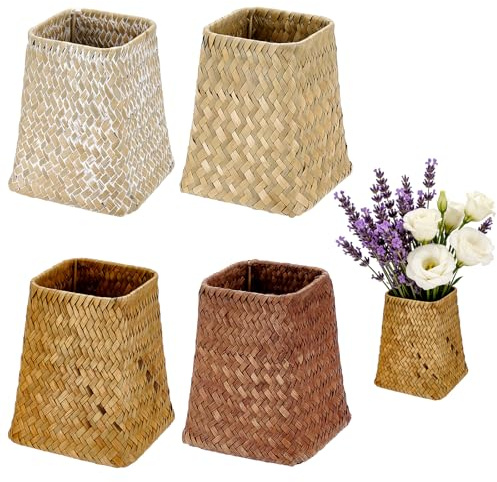 INTERWARM 4Pcs Natural Seaweed Weave Basket, 4 Color Pastoral Rattan Vase