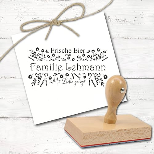 Dekolando Eierkarton Stempel personalisiert „Frische Eier von … – Mit Liebe gelegt“ - Name Holzstempel minimalistisch Blumen Motiv 100 × 50 mm