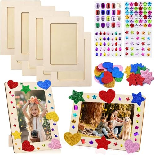 JOYHAVEN Bilderrahmen Holz Set zum Bemalen, 8 Stück Bastelrahmen Set | Fotorahmen Bastelset Holzrahmen Holzbilderrahmen zum Bemalen, für Kinderzeichnungen mit Glitzersteine & Sticker
