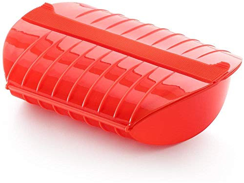 Lékué Estuche De Vapor con bandeja, silicona platino Rojo, 3-4 personas (1400 ml)