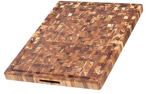 Teakhaus Butcher Block Carving Board - Extra Large Reversible Wooden Cutting Board with Juice Groove and Grip Handles - Teak End Grain Wood - Knife Friendly - FSC Certified