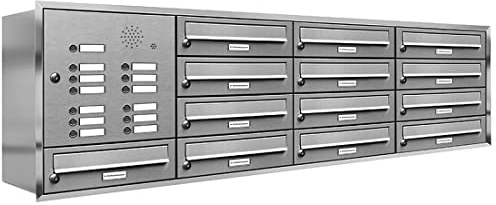 AL Briefkastensysteme, 13er Unterputzbriefkasten, Briefkasten mit Klingel, 13 Fach, Briefkastenanlage modern, rostfrei Edelstahl Postkasten