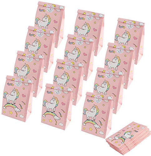 SGerste 24 x Einhorn-Papier-Geschenktüten, Einhorn-Partytüten mit Dankesaufklebern für Kinder, Party, Babyparty, Einhorn, Partyzubehör (rosa, 22,1 x 11,9 x 8,1 cm)