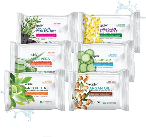 Epielle Makeup Remover Wipes, Remove Waterproof Mascara, Gentle Daily Facial Cleanser Towelettes with Collagen, Tea Tree & Aloe Vera, Stocking Stuffers, 30 Count (Pack of 6)