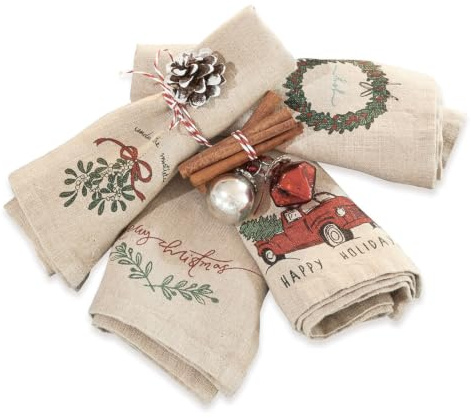 LOBERON Serviette 4er Set Camon, beige | Servietten Beige Mit Farbenfrohen Weihnachtsmotiven - Stoffservietten Aus Leinen - Waschbar & Wiederverwendbar - 4 Stück