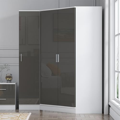 Reflect 2 Piece Wardrobe Bundle | 2 Door Corner + 1 Door Plain | Grey Gloss & Matt White Finish | H: 180cm x W: 141cm x D: 103cm | Modern Bedroom Furniture Storage Solution