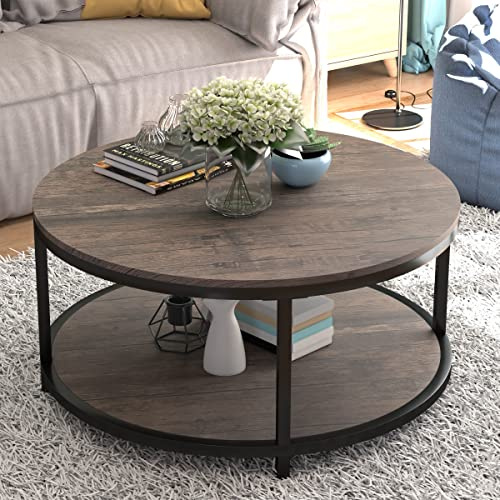 NSdirect Round Coffee Table,36 Coffee Table for Living Room,2-Tier Rustic Wood Desktop with Storage Shelf Modern Design Home Furniture(Light Walnut)